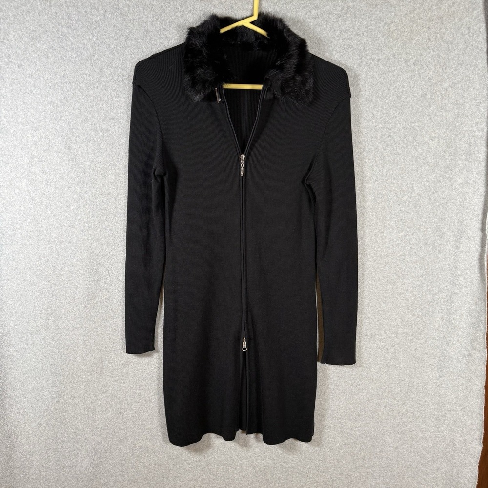 Roman wool zip cardigan womens XS black stretchy faux fur collar ribbed sweater